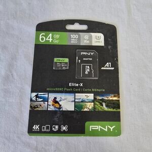 PNY 64GB Elite-X Class 10 U3 V30 MicroSDXC Flash Card w/ Adapter New Sealed